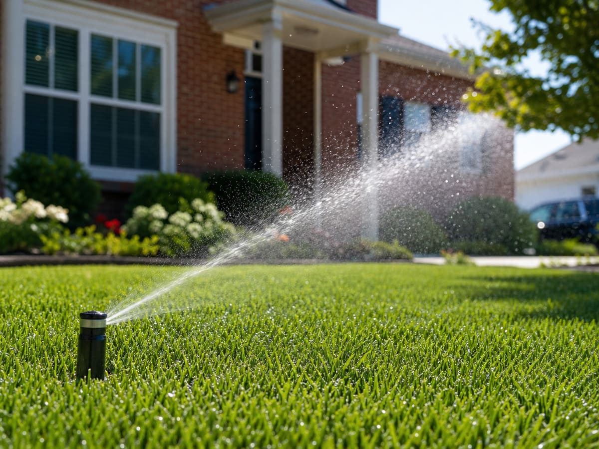 Collin County Sprinkler irrigation system watering a healthy green lawn at a North Texas home