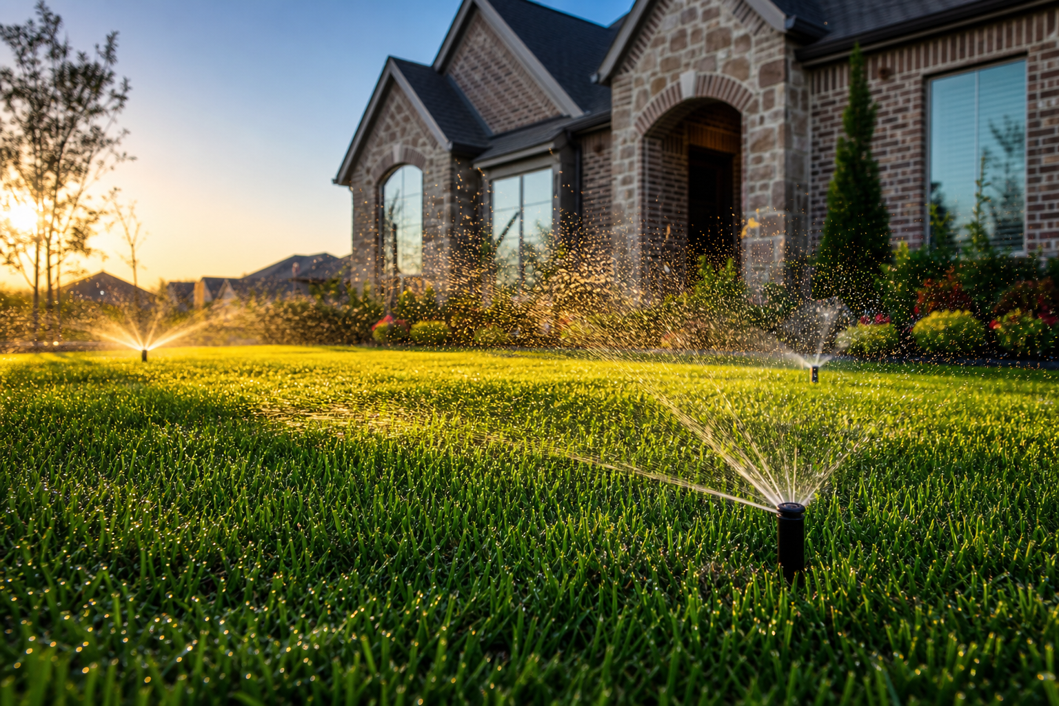 Sprinkler system watering a lush green lawn at sunset in the DFW Metroplex